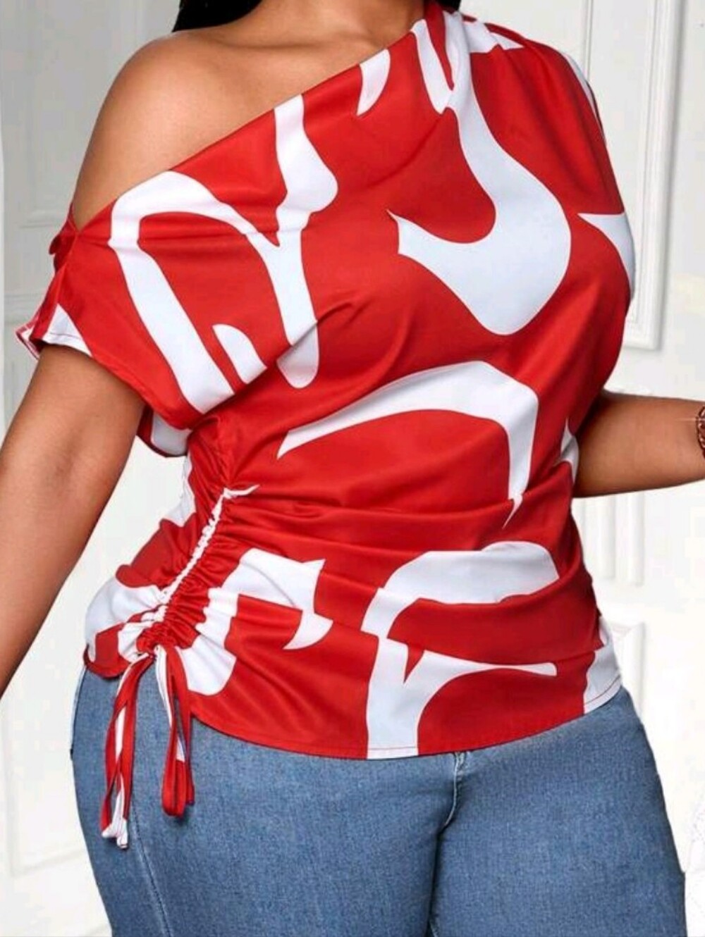 SHEIN Red & White One-Shoulder Abstract Print Cami - Picture 2 of 4
